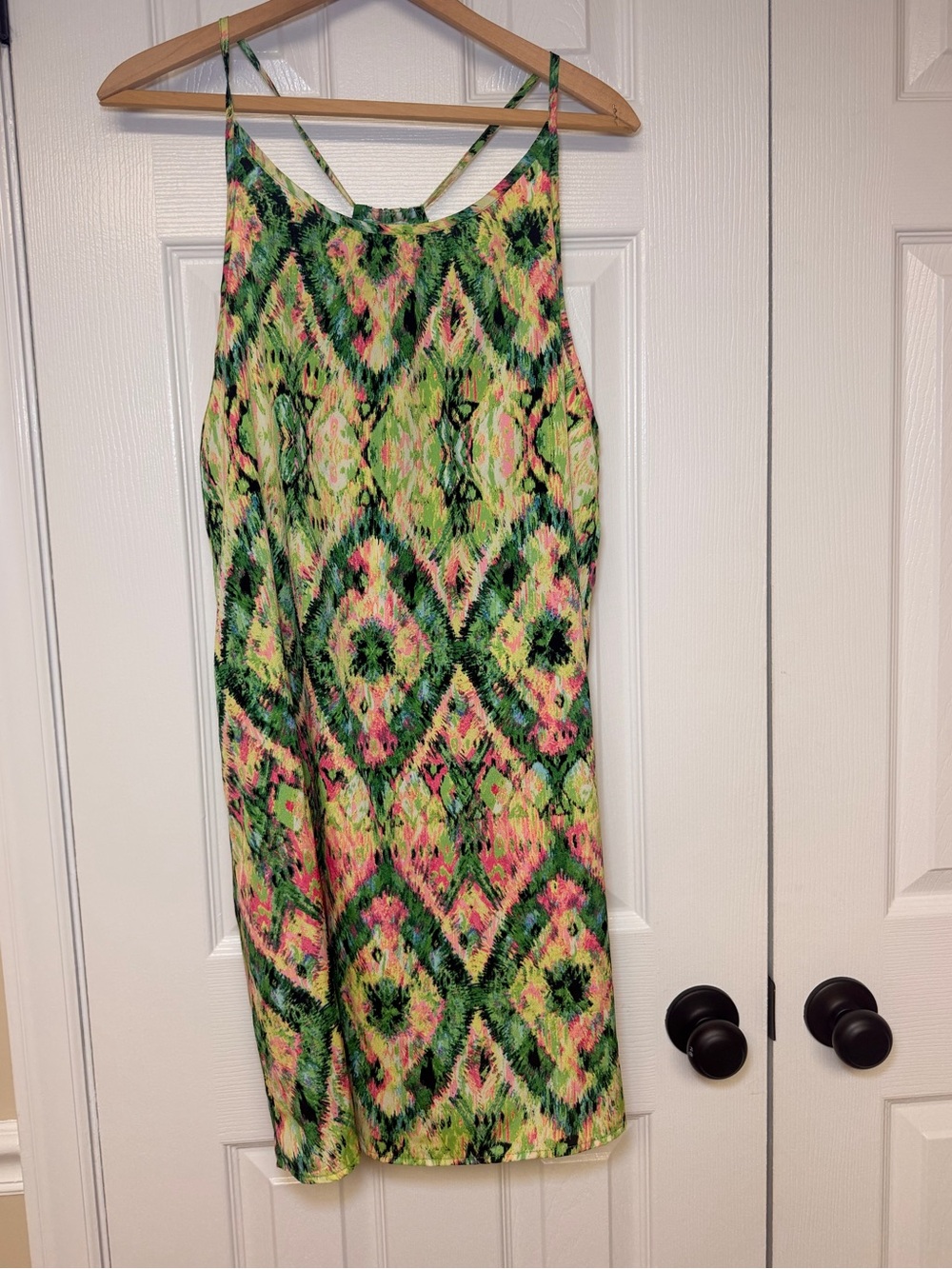 Karlie Neon Green Pink Abstract Racerback Mini Slip Dress M/L Night Out Resort